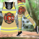 Strong Firefighter Hero Two Piece Yoga Set Women 3D Print Vest Hollow Out Tank Top High Waist Legging Summer Casual Sport1